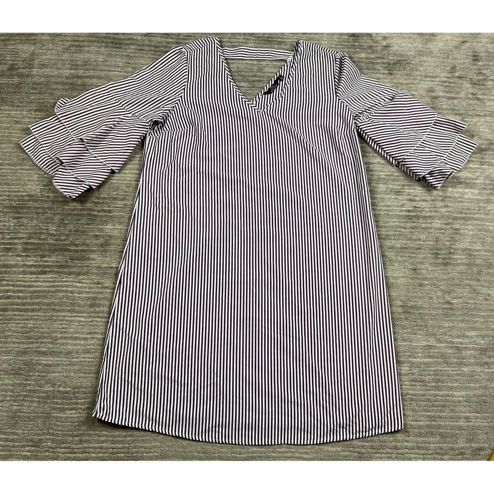 Mlle Gabrielle Dress Womens XL Purple White Striped Ruffle Sleeve V-Neck Shift